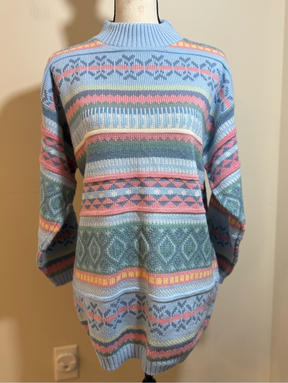Jessica Roberts colorful pastel fair isle chunky sweater LG
